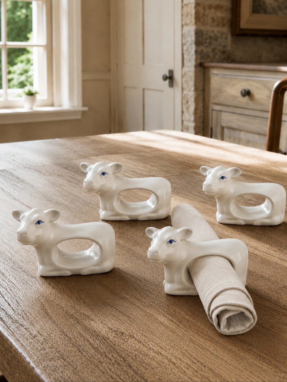 Vintage Millard Lister Ceramic Cow Napkin Rings Set of 4 Farmhouse White